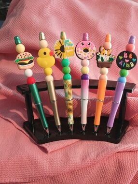 Cute Assorted Beaded Pens - Pink, Green, Yellow, Orange, Purple